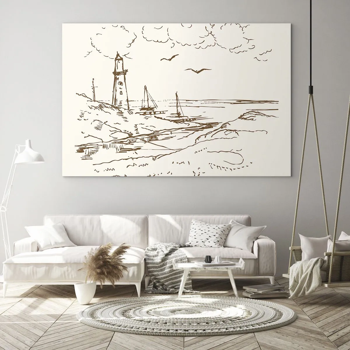 Obraz na szkle - Szkic latarni morskiej na nadmorskim krajobrazie - 70x50cm - Zarys wspomnienia lata - Nowoczesna dekoracja ścienna do salonu i sypialni ARTTOR