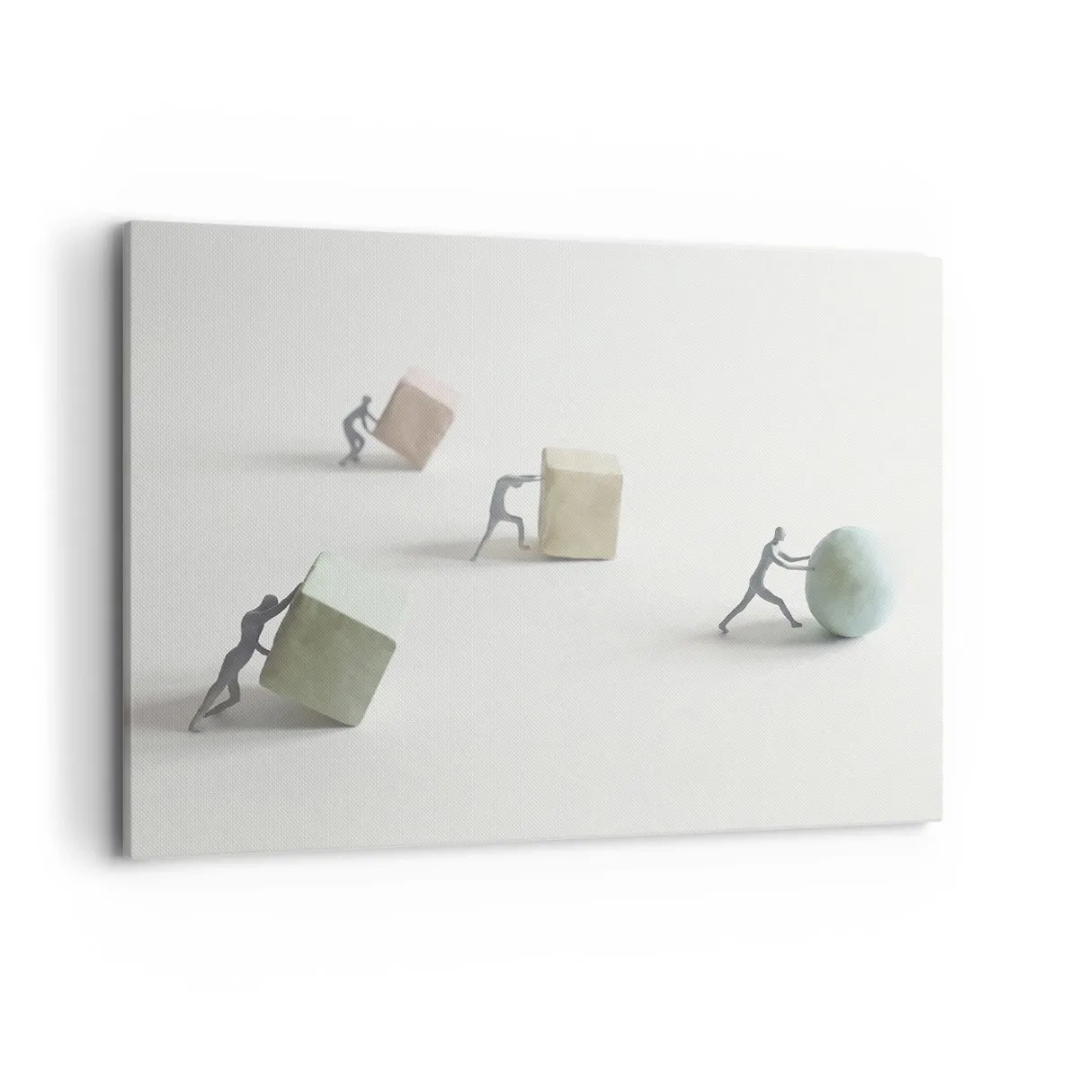 Obraz na płótnie - Miniaturowe postacie pchające kształty na jasnym tle - 100x70cm - Samo życie - Nowoczesna dekoracja ścienna do salonu, kuchni i sypialni ARTTOR