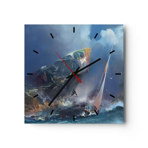 Zegar ścienny - Żaglówka w sztormie u stóp potężnej skały - 30x30cm - Kto ma odwagę, wygrywa - Nowoczesna dekoracja ścienna do salonu i sypialni ARTTOR