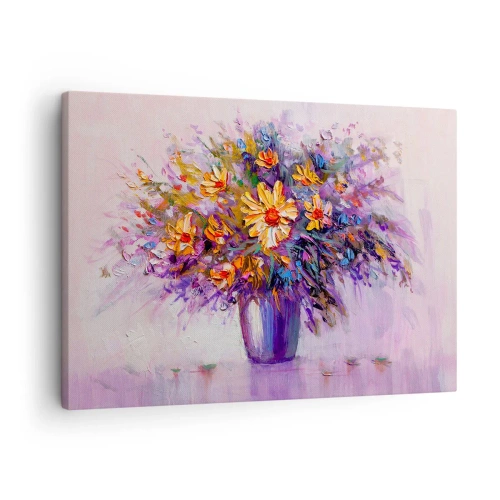 Obraz na płótnie - Bukiet kwiatów w wazonie na pastelowym tle - 70x50cm - Słodko pachnie, słodko wygląda - Nowoczesna dekoracja ścienna do salonu i sypialni ARTTOR