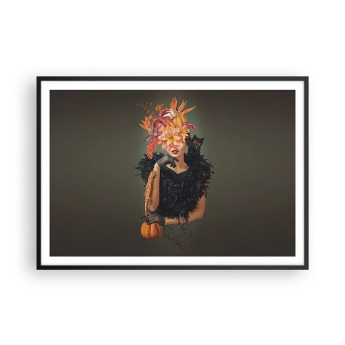 Plakat w czarnej ramie - Portret kobiety z jesiennymi motywami i kotem - 100x70cm - Czar wiedźmy - Nowoczesna dekoracja ścienna do salonu i sypialni ARTTOR