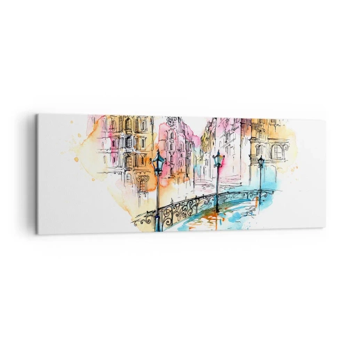 Obraz na płótnie - Akwarela mostu i kamienic w sercowym kształcie - 140x50cm - Serce miasta - Nowoczesna dekoracja ścienna do salonu i sypialni ARTTOR