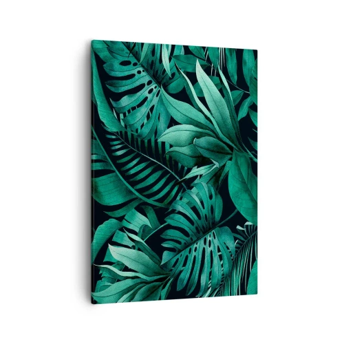 Obraz na płótnie - Gęste, tropikalne liście w odcieniach zieleni na ciemnym tle - 50x70cm - Głębia tropikalnej zieleni - Nowoczesna dekoracja ścienna do salonu, kuchni i sypialni ARTTOR