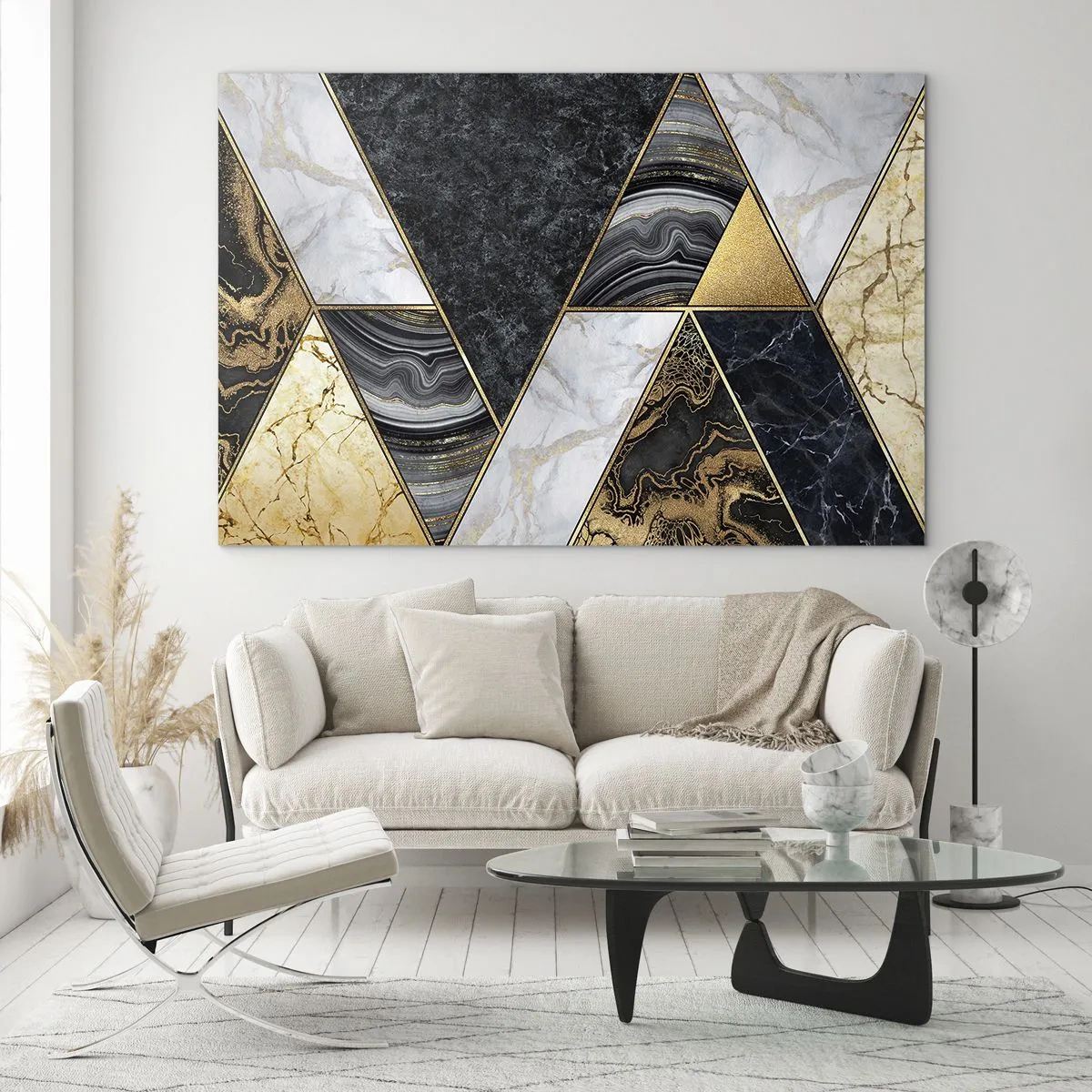 Obraz na szkle - Geometryczny wzór z marmurowych i złotych trójkątów - 70x50cm - Kamień przy kamieniu - Nowoczesna dekoracja ścienna do salonu i sypialni ARTTOR