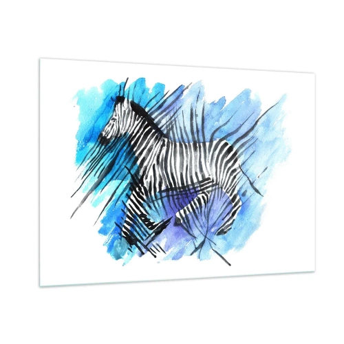 Obraz na szkle - Zebra w artystycznej akwarelowej kompozycji na tle błękitu - 100x70cm - Ukryta w paskach - Nowoczesna dekoracja ścienna do salonu, kuchni i sypialni ARTTOR