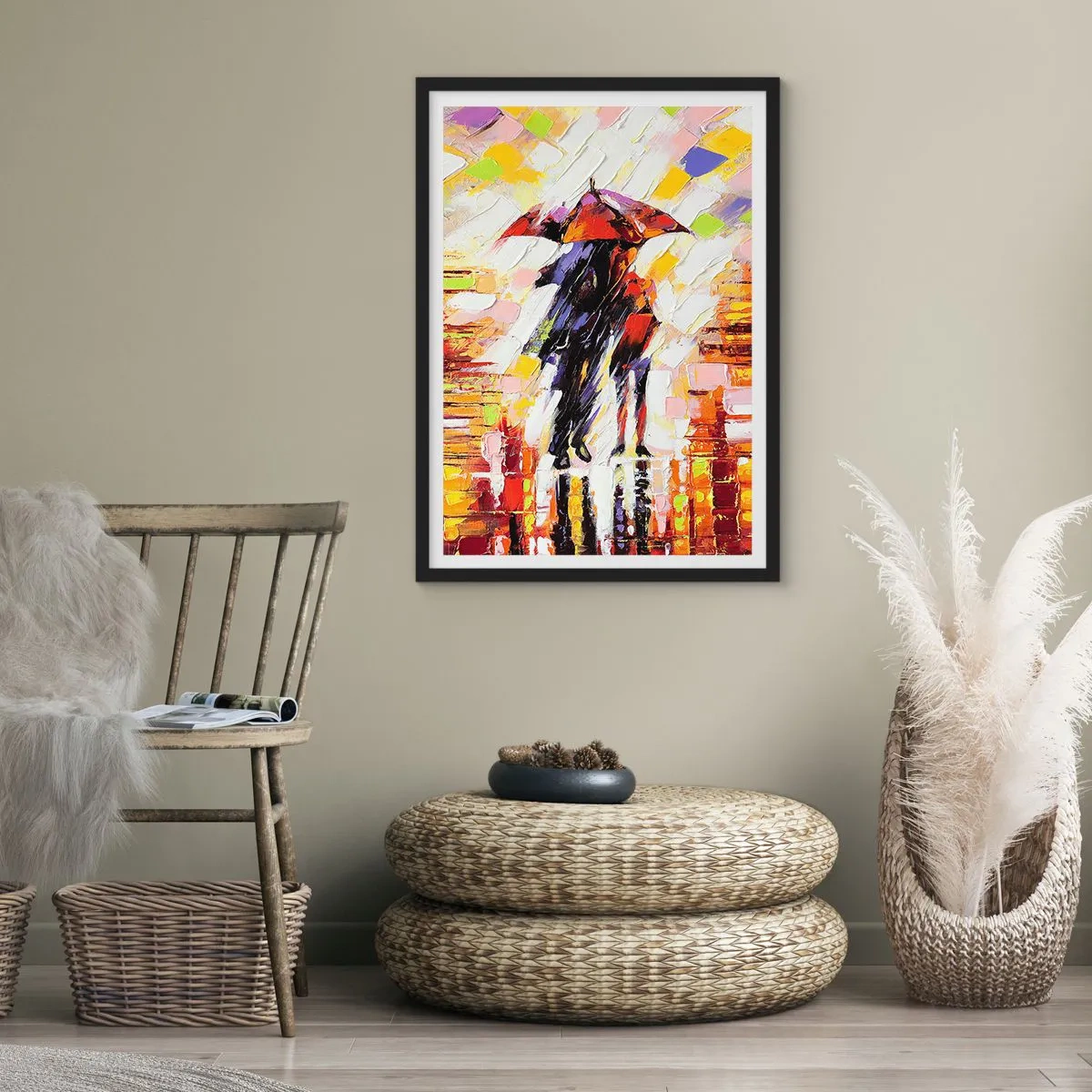 Plakat w czarnej ramie - Para pod parasolem w kolorowej abstrakcji - 50x70cm - Razem przez noc i deszcz - Nowoczesna dekoracja ścienna do salonu i sypialni ARTTOR
