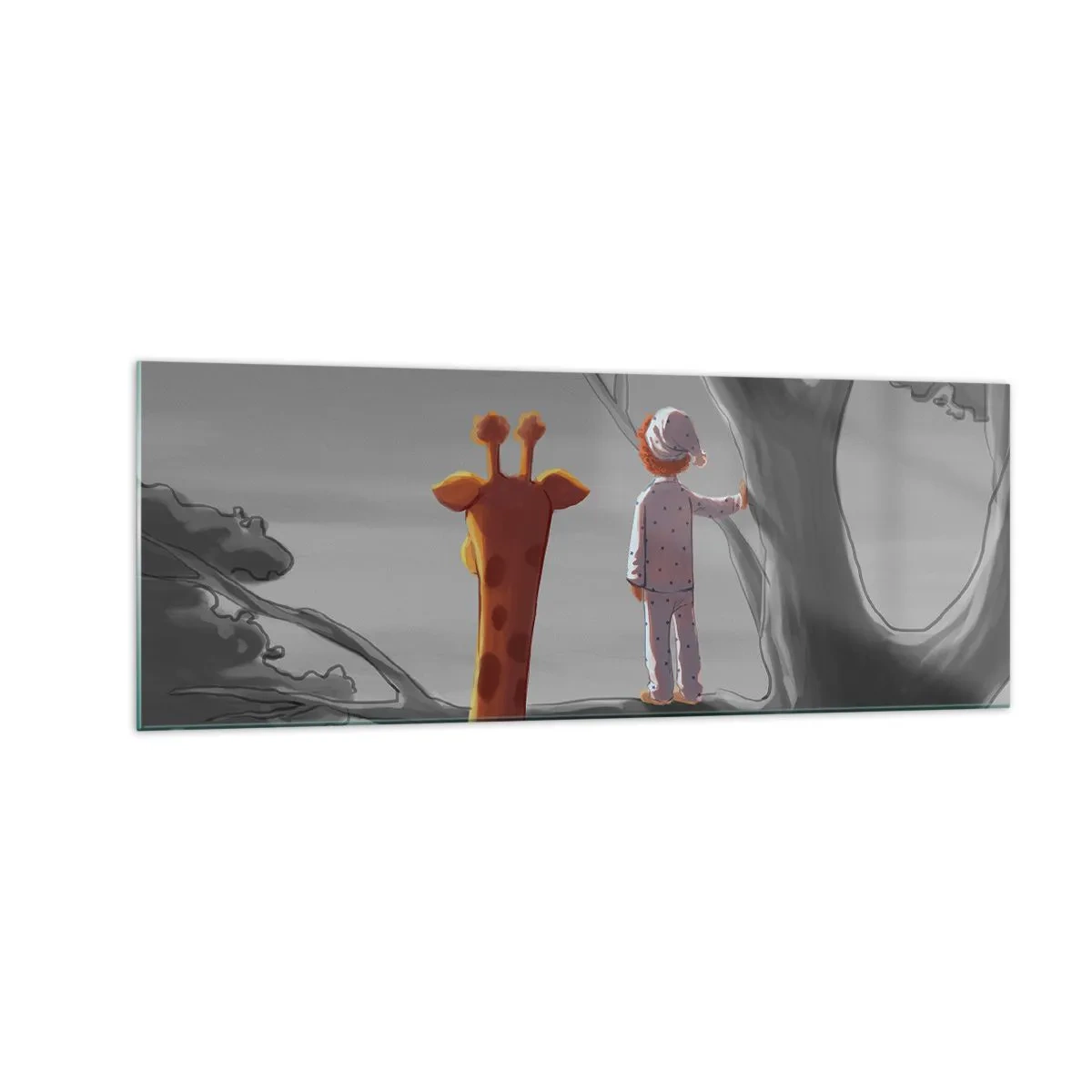 Obraz na szkle - Dziecko i żyrafa na gałęzi drzewa w bajkowym krajobrazie - 140x50cm - To się naprawdę dzieje - Nowoczesna dekoracja ścienna do salonu i sypialni ARTTOR