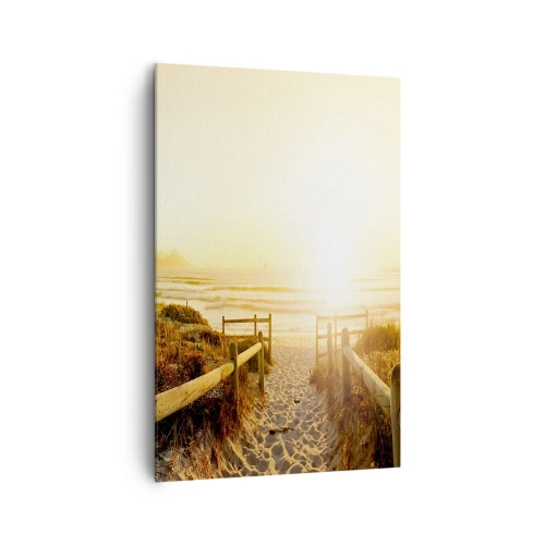 Obraz na płótnie - Ścieżka na plażę podczas złotego zachodu słońca - 80x120cm - Przez wydmę, w stronę słońca - Nowoczesna dekoracja ścienna do salonu i sypialni ARTTOR