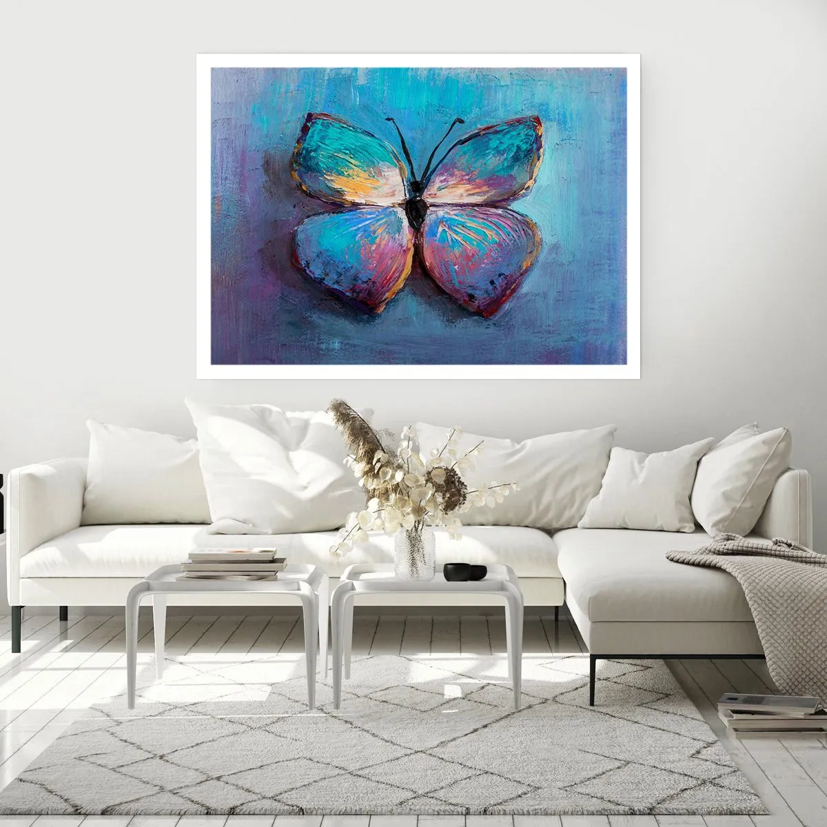 Plakat - Kolorowy motyl na niebieskim tle - 100x70cm - W pełnej krasie - Nowoczesna dekoracja ścienna do salonu i sypialni ARTTOR