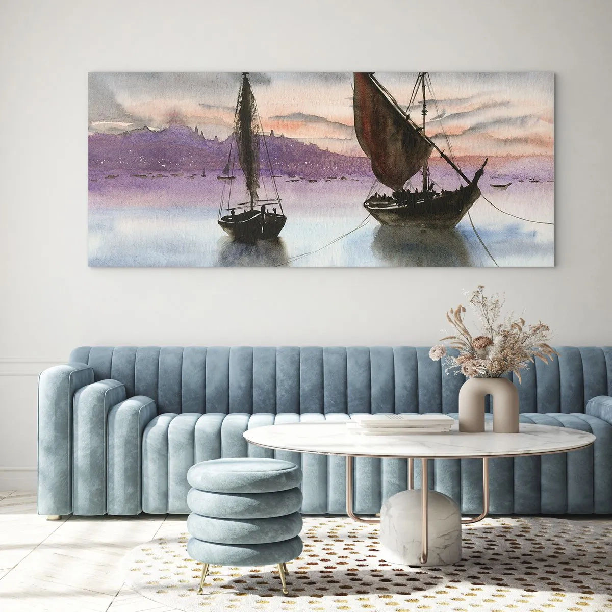 Obraz na szkle - Dwa żaglowce zacumowane na spokojnej wodzie o zmierzchu - 120x50cm - Wieczór w porcie - Nowoczesna dekoracja ścienna do salonu i sypialni ARTTOR