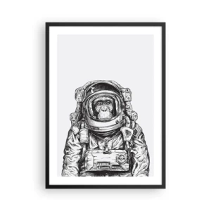 Plakat w czarnej ramie - Małpa w skafandrze kosmicznym na białym tle - 50x70cm - Alternatywna ewolucja - Nowoczesna dekoracja ścienna do salonu i sypialni ARTTOR