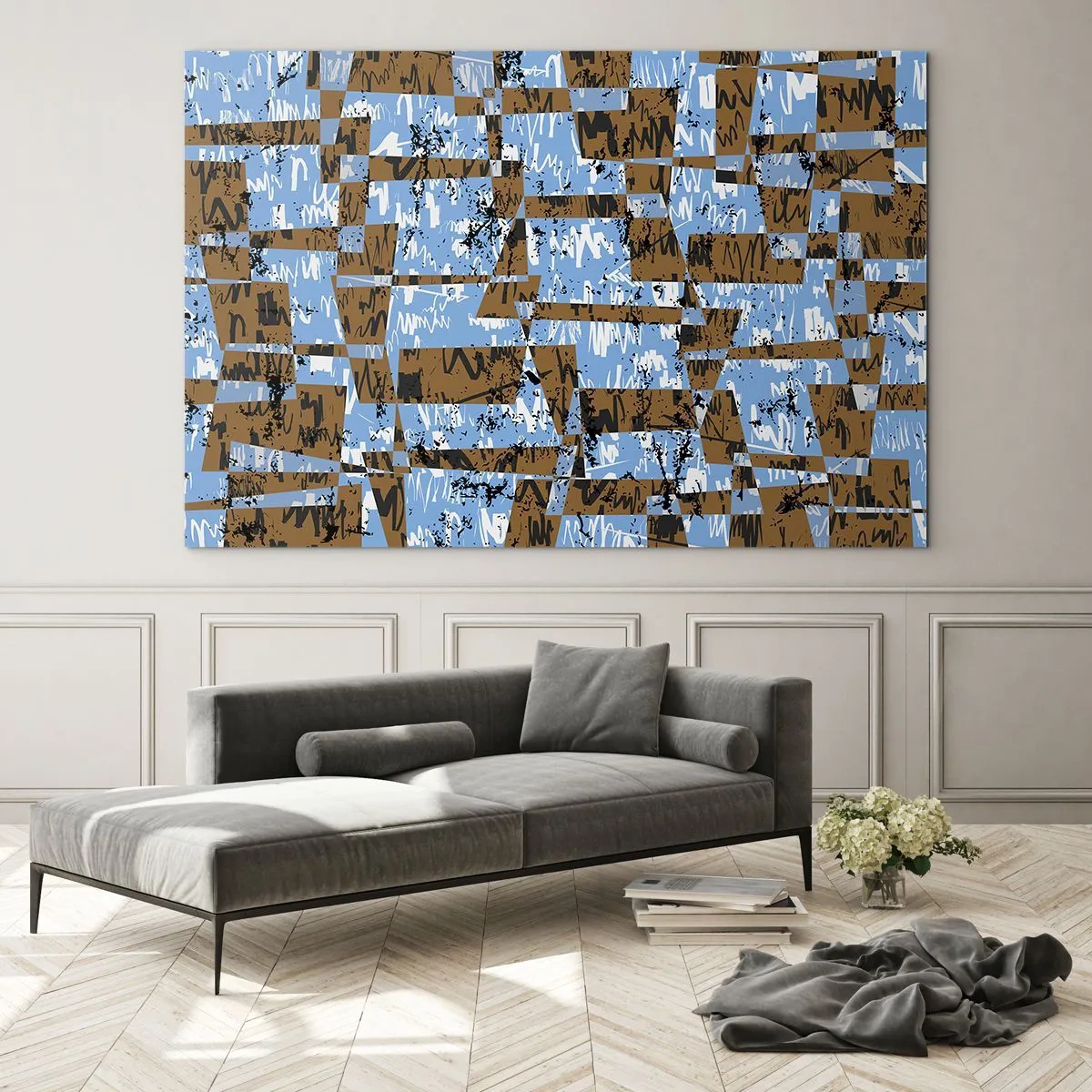 Obraz na szkle - Geometryczna abstrakcja z odcieniami niebieskiego i brązu - 70x50cm - Nieludowa wycinanka - Nowoczesna dekoracja ścienna do salonu i sypialni ARTTOR