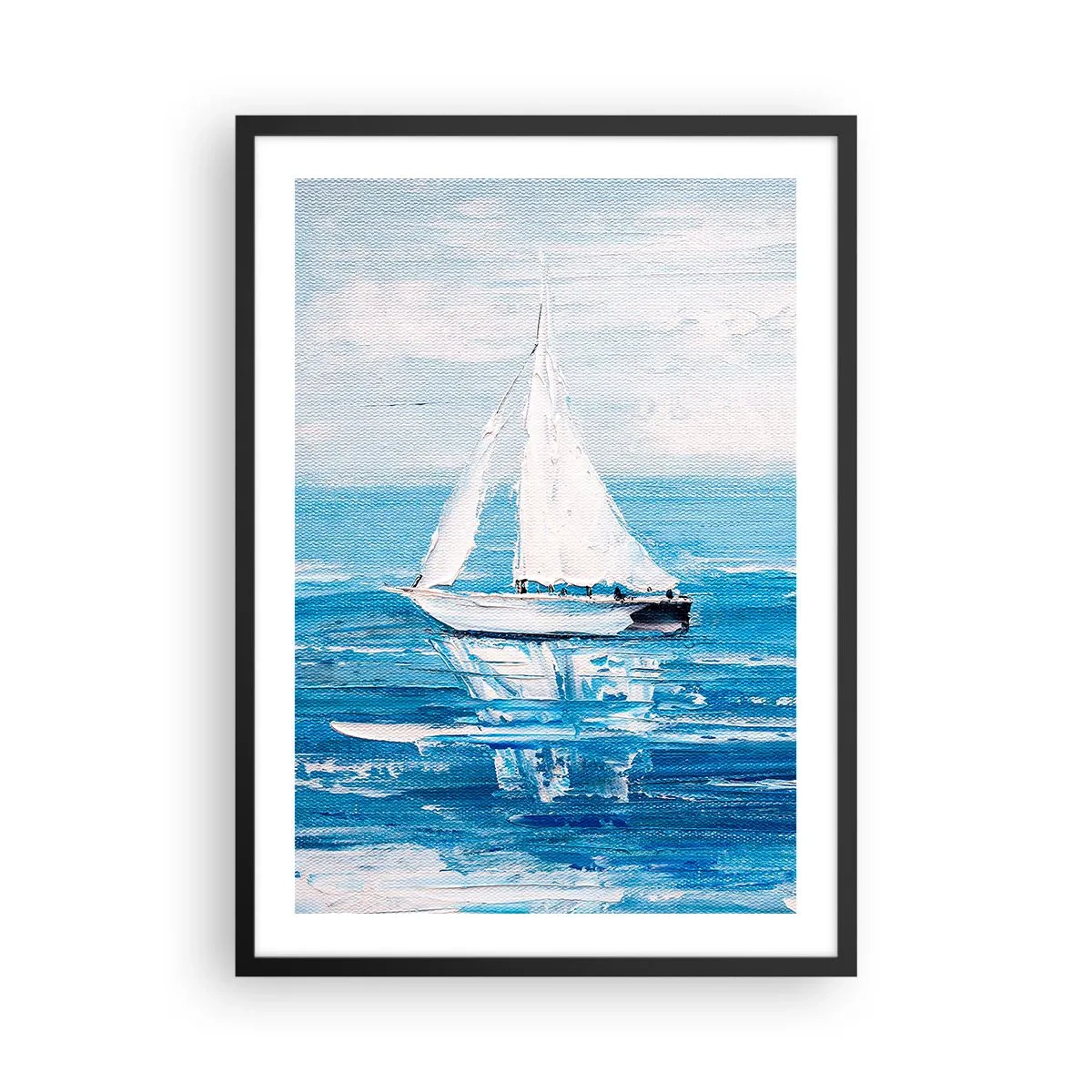 Plakat w czarnej ramie - Jacht na morzu w odcieniach niebieskiego - 50x70cm - Z przyjacielem u boku - Nowoczesna dekoracja ścienna do salonu i sypialni ARTTOR