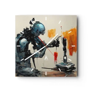 Zegar ścienny - Robot przy pracy z abstrakcyjnym tłem - 30x30cm - Już jutro… - Nowoczesna dekoracja ścienna do salonu i sypialni ARTTOR
