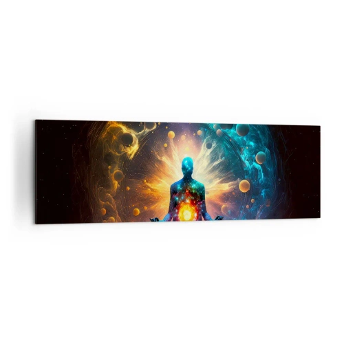 Obraz na płótnie - Postać w medytacji otoczona kosmiczną aurą - 160x50cm - Kosmiczny spokój - Nowoczesna dekoracja ścienna do salonu i sypialni ARTTOR