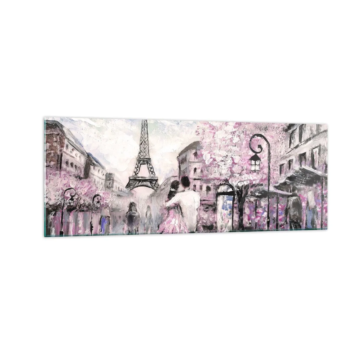 Obraz na szkle - Romantyczny spacer w Paryżu przy Wieży Eiffla - 140x50cm - Jak zakochac się, to tylko w… - Nowoczesna dekoracja ścienna do salonu i sypialni ARTTOR