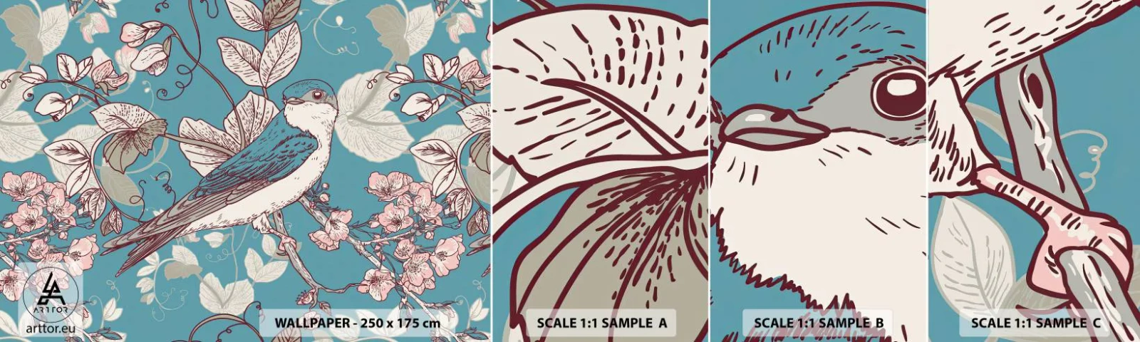 Fototapeta Próbka Samoprzylepna Deluxe Sticker - W białodrzewiu ćwirnie i srebliście - Abstrakcja, Jaskółka, Ptak - 100x30 cm