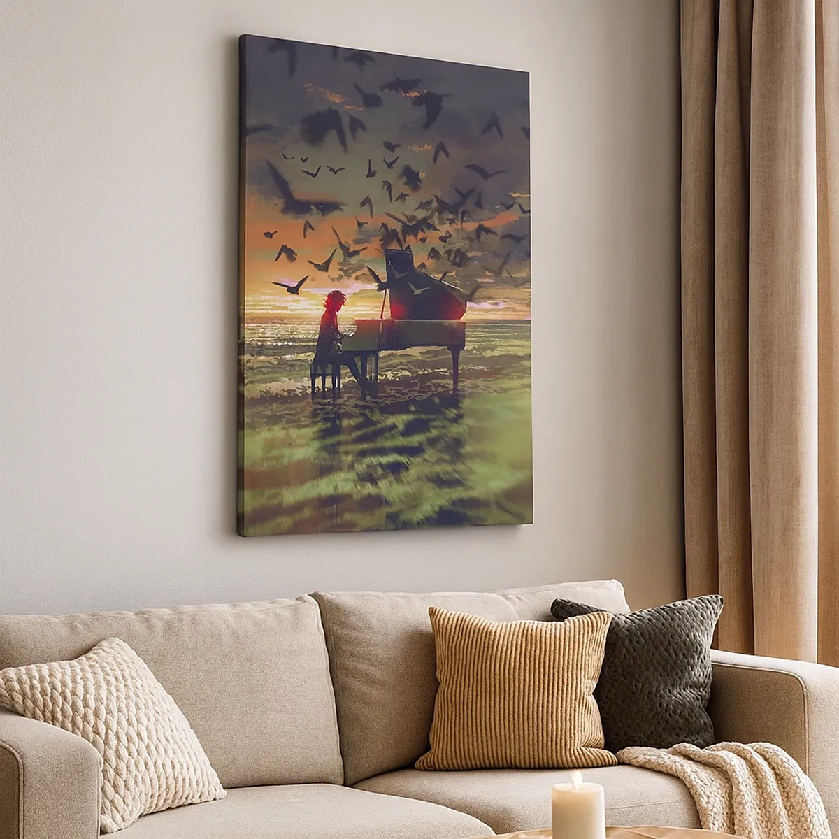 Obraz na płótnie - Silhouette pianisty grającego na fortepianie w morzu o zachodzie słońca - 50x70cm - Koncert na fortepian i fale - Nowoczesna dekoracja ścienna do salonu, kuchni i sypialni ARTTOR