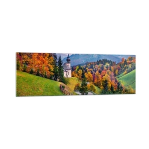 Obraz na szkle - Jesienna górska sceneria z kapliczką i zachodem słońca - 160x50cm - Pejzaż jak malowanie - Nowoczesna dekoracja ścienna do salonu i sypialni ARTTOR