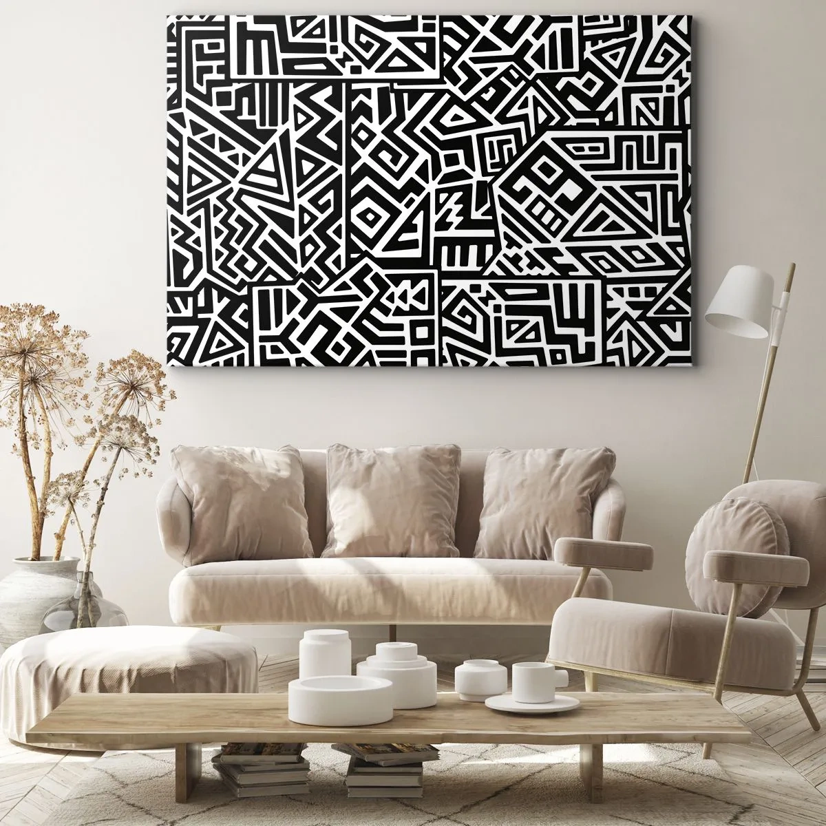 Obraz na płótnie - Czarno-białe geometryczne wzory inspirowane kulturą prekolumbijską - 70x50cm - Kompozycja prekolumbijska - Nowoczesna dekoracja ścienna do salonu i sypialni ARTTOR