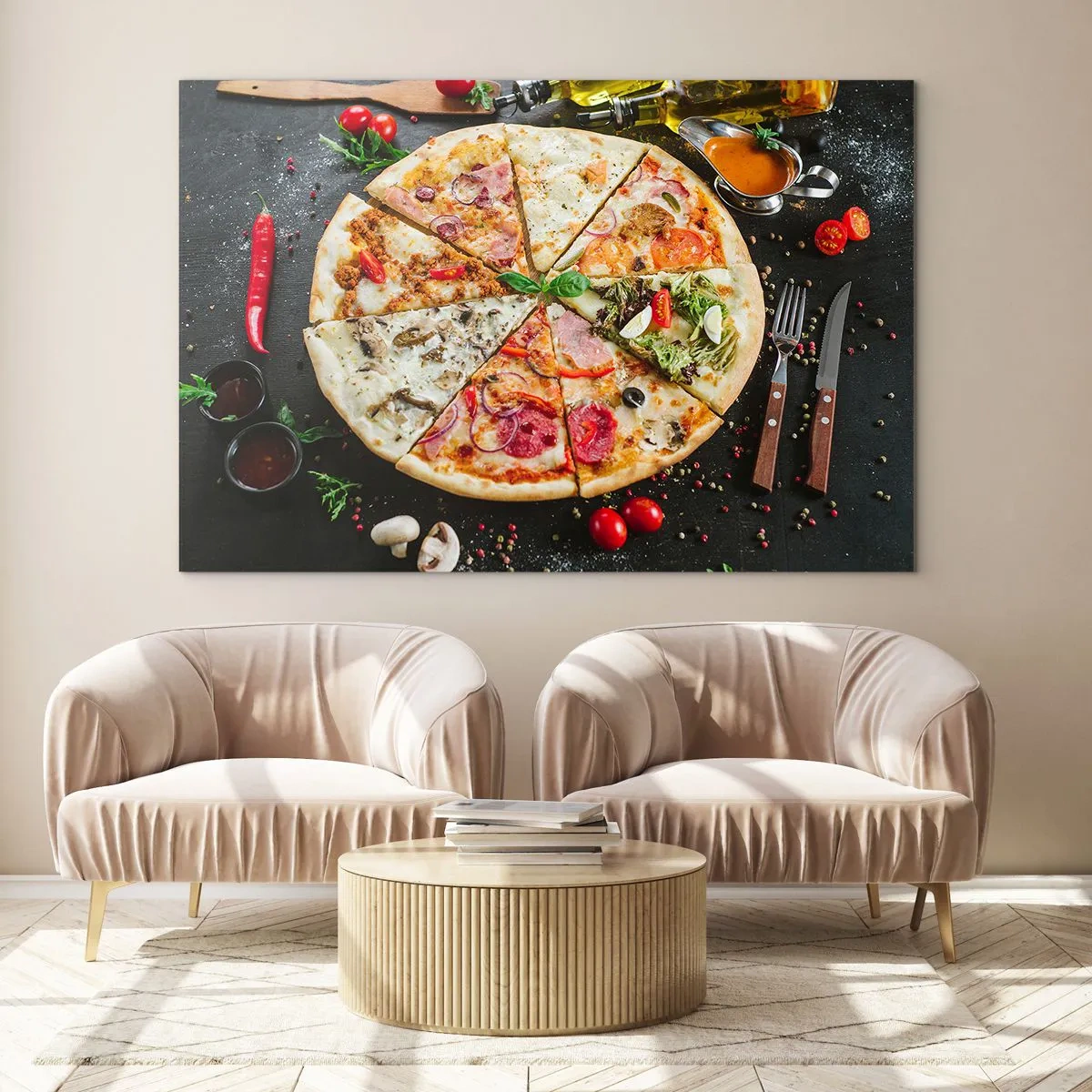 Obraz na szkle - Pizza w różnych smakach z dodatkami na ciemnym tle - 70x50cm - Wachlarz smaków - Nowoczesna dekoracja ścienna do salonu i sypialni ARTTOR