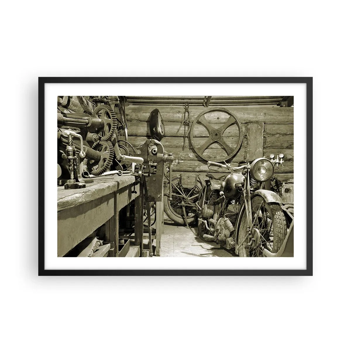 Plakat w czarnej ramie - Retro warsztat z motocyklami i narzędziami - 70x50cm - W szopie wuja Władka - Nowoczesna dekoracja ścienna do salonu i sypialni ARTTOR