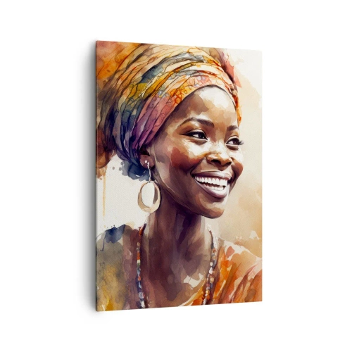 Obraz na płótnie - Portret uśmiechniętej kobiety w kolorowej chuście akwarelą - 70x100cm - Afrykańska królowa - Nowoczesna dekoracja ścienna do salonu i sypialni ARTTOR