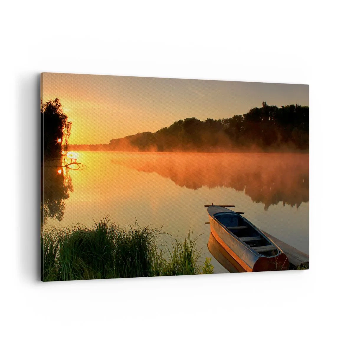 Obraz na płótnie - Poranna mgła nad rzeką z łódką w promieniach słońca - 120x80cm - Wschód słońca nad wodą jak tafla lustra - Nowoczesna dekoracja ścienna do salonu, kuchni i sypialni ARTTOR