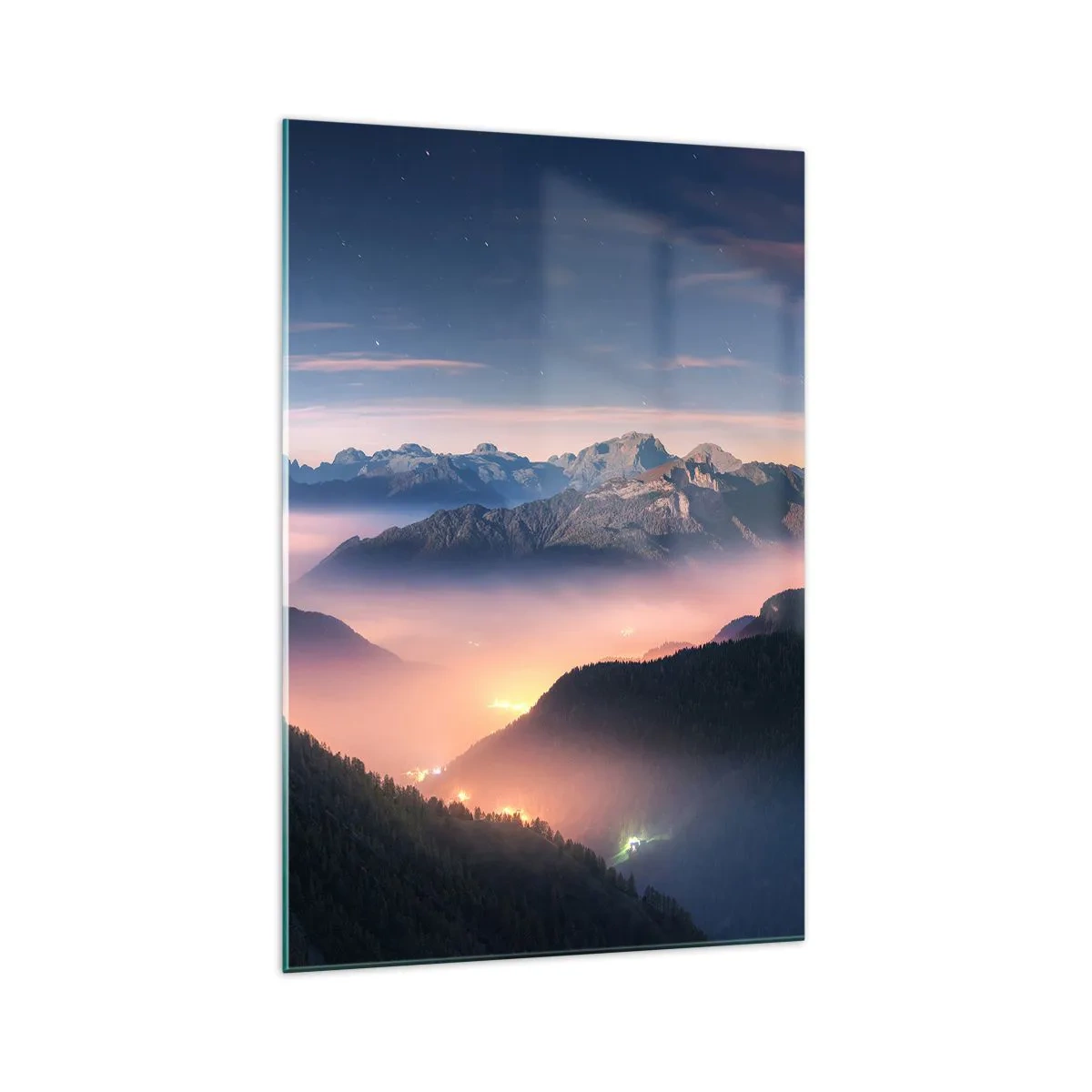 Obraz na szkle - Górski krajobraz z doliną wypełnioną mgłą - 70x100cm - Światło w dolinach - Nowoczesna dekoracja ścienna do salonu i sypialni ARTTOR