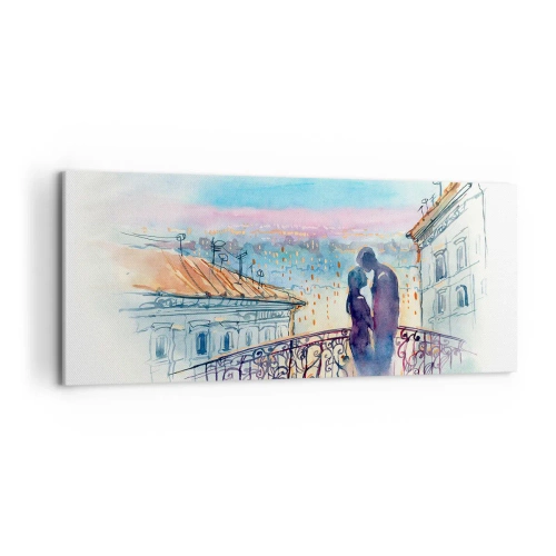 Obraz na płótnie - Romantyczna para na balkonie z widokiem na miasto - 120x50cm - Paryscy kochankowie - Nowoczesna dekoracja ścienna do salonu i sypialni ARTTOR