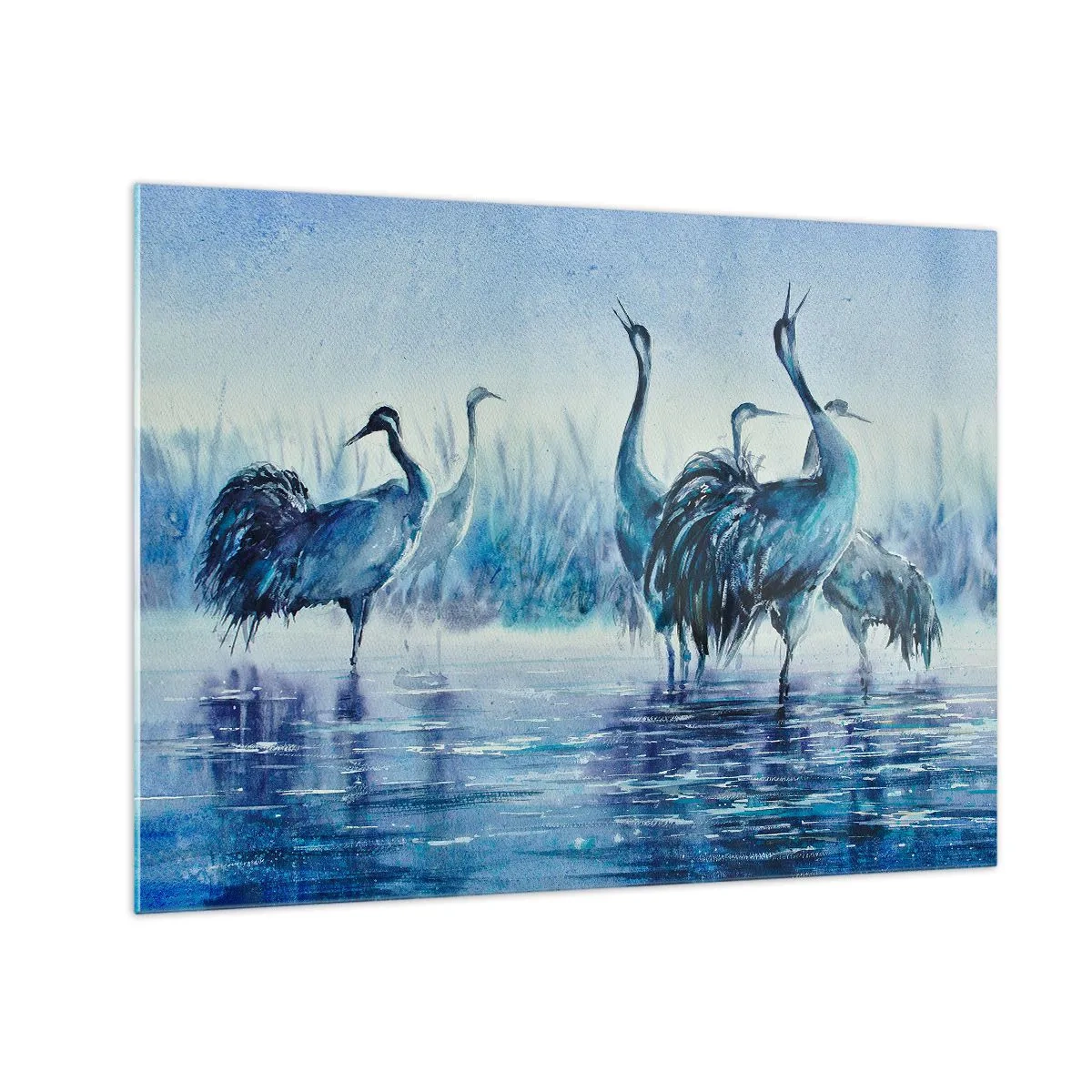 Obraz na szkle - Ptaki brodzące w wodzie w błękitnej tonacji - 70x50cm - Poranne spotkanie - Nowoczesna dekoracja ścienna do salonu i sypialni ARTTOR