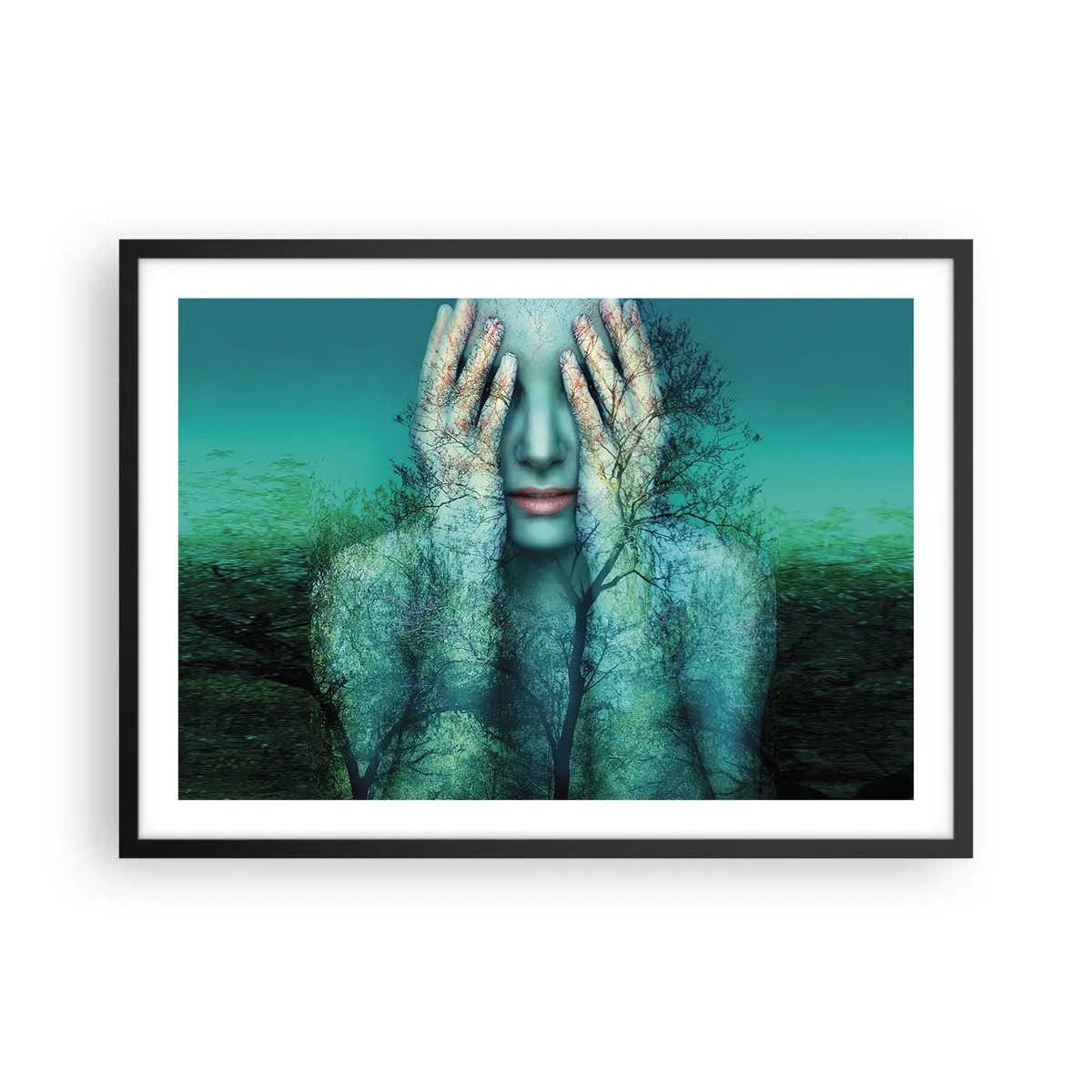 Plakat w czarnej ramie - Postać kobiety z motywem drzew na tle turkusowego krajobrazu - 70x50cm - Zanurzona w błękicie - Nowoczesna dekoracja ścienna do salonu i sypialni ARTTOR