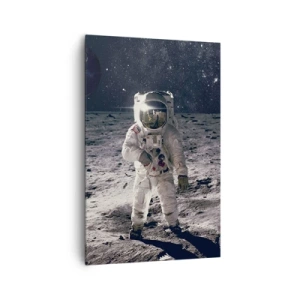 Obraz na płótnie - Astronauta na powierzchni Księżyca z Ziemią w tle - 80x120cm - Pozdrowienia z Księżyca - Nowoczesna dekoracja ścienna do salonu i sypialni ARTTOR