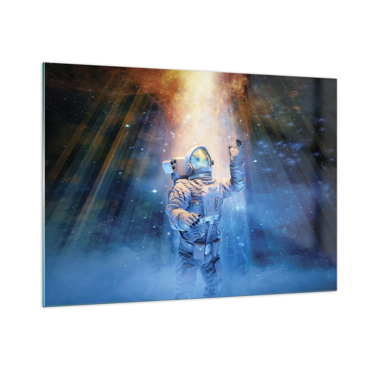 Obraz na szkle - Astronauta w kosmosie oświetlony promieniami światła - 100x70cm - Wreszcie u celu - Nowoczesna dekoracja ścienna do salonu, kuchni i sypialni ARTTOR