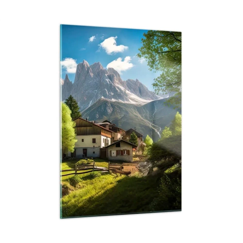 Obraz na szkle - Wiejska zabudowa wśród zieleni u stóp alpejskich szczytów - 50x70cm - Alpejska sielanka - Nowoczesna dekoracja ścienna do salonu, kuchni i sypialni ARTTOR