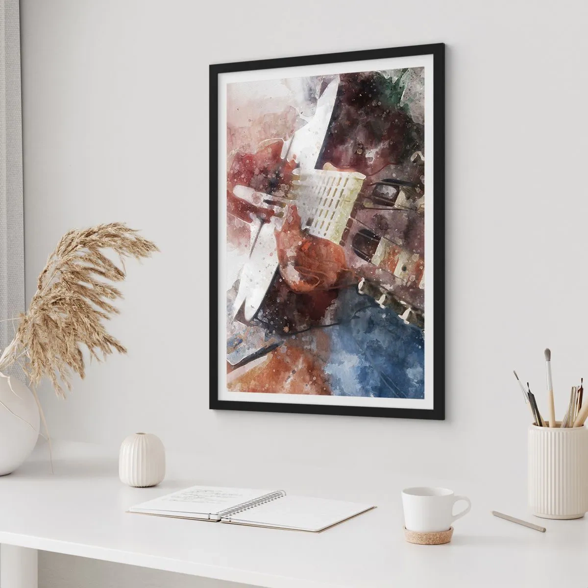 Plakat w czarnej ramie - Artystyczne przedstawienie gitary w akwarelowym stylu - 50x70cm - I co o tym myślisz? - Nowoczesna dekoracja ścienna do salonu i sypialni ARTTOR