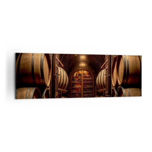 Obraz na płótnie - Winiarnia z drewnianymi beczkami i półkami z winami - 160x50cm - Klimatyczna piwnica - Nowoczesna dekoracja ścienna do salonu i sypialni ARTTOR