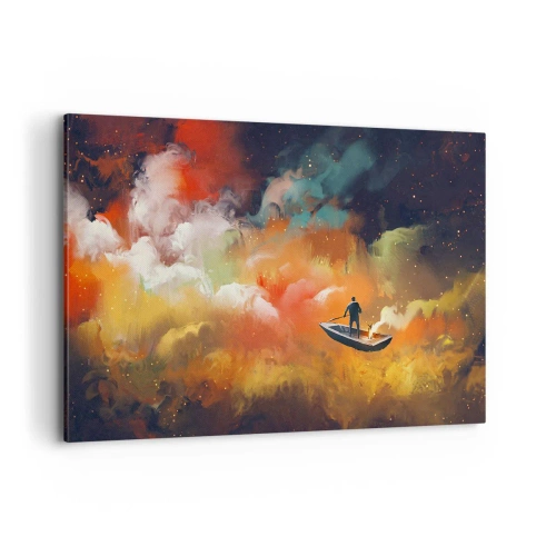 Obraz na płótnie - Postać w łodzi na tle kolorowych chmur - 120x80cm - Łodzią przez galaktykę - Nowoczesna dekoracja ścienna do salonu, kuchni i sypialni ARTTOR