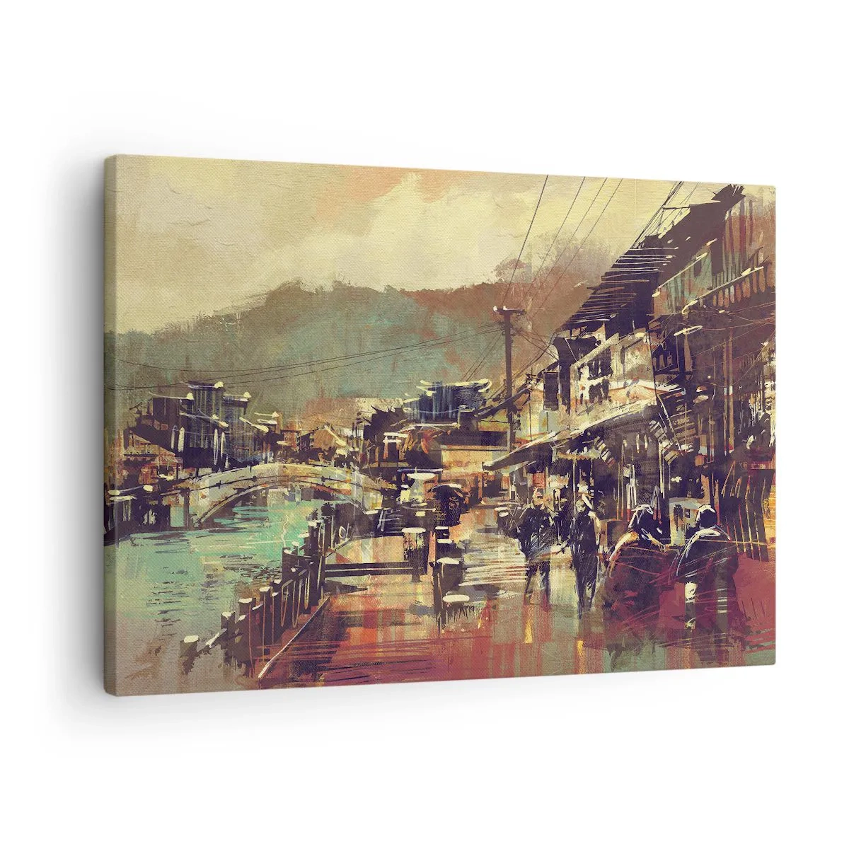 Obraz na płótnie - Miasteczko z mostem i uliczkami w artystycznym stylu - 70x50cm - Życie jako bogactwo szarości - Nowoczesna dekoracja ścienna do salonu i sypialni ARTTOR