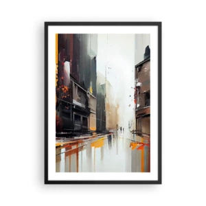 Plakat w czarnej ramie - Abstrakcyjna panorama miasta w odcieniach szarości i pomarańczu - 50x70cm - Deszczowy dzień - Nowoczesna dekoracja ścienna do salonu i sypialni ARTTOR