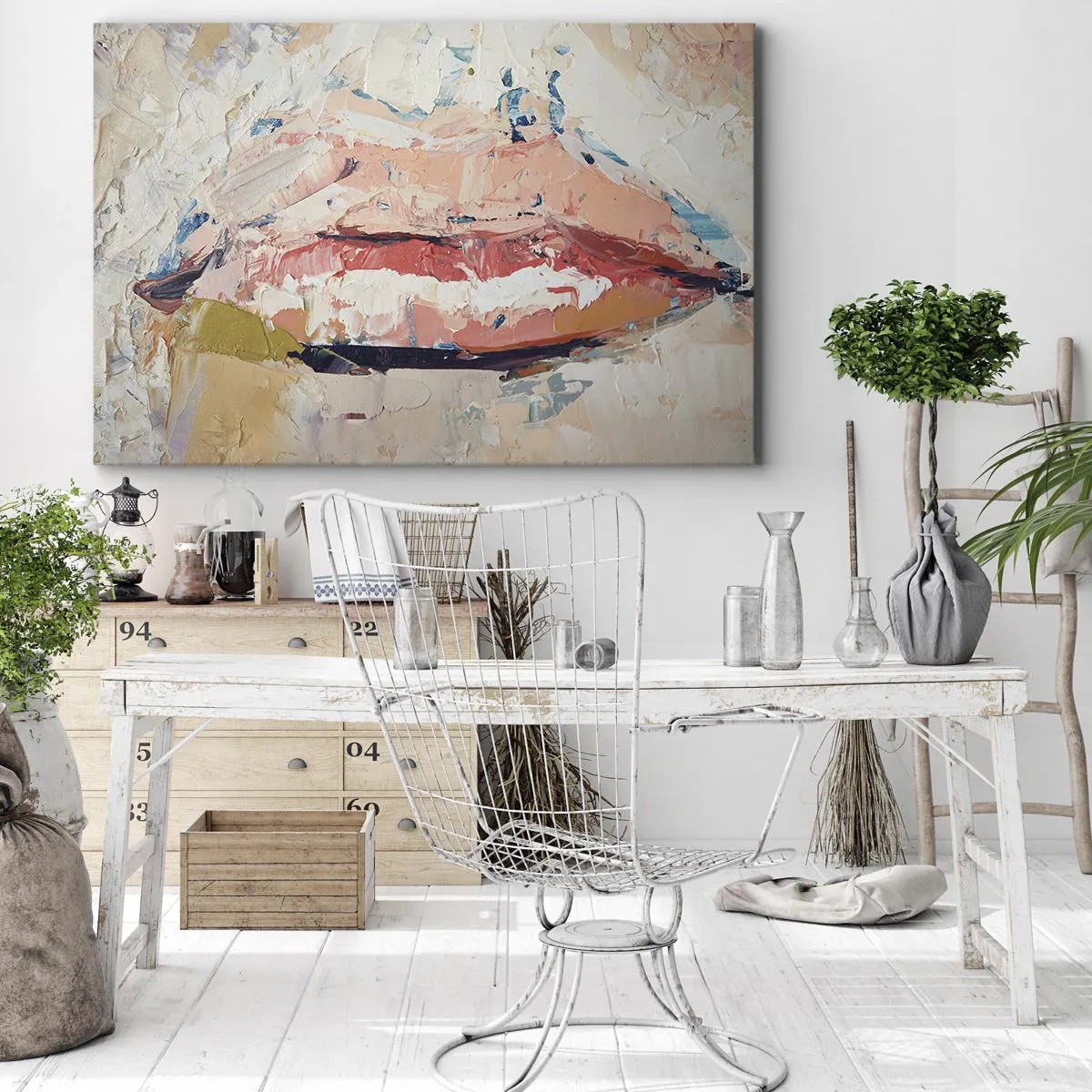 Obraz na płótnie - Abstrakcyjna kompozycja przedstawiająca kobiece usta w pastelowych barwach - 120x80cm - Budzi zmysły - Nowoczesna dekoracja ścienna do salonu, kuchni i sypialni ARTTOR