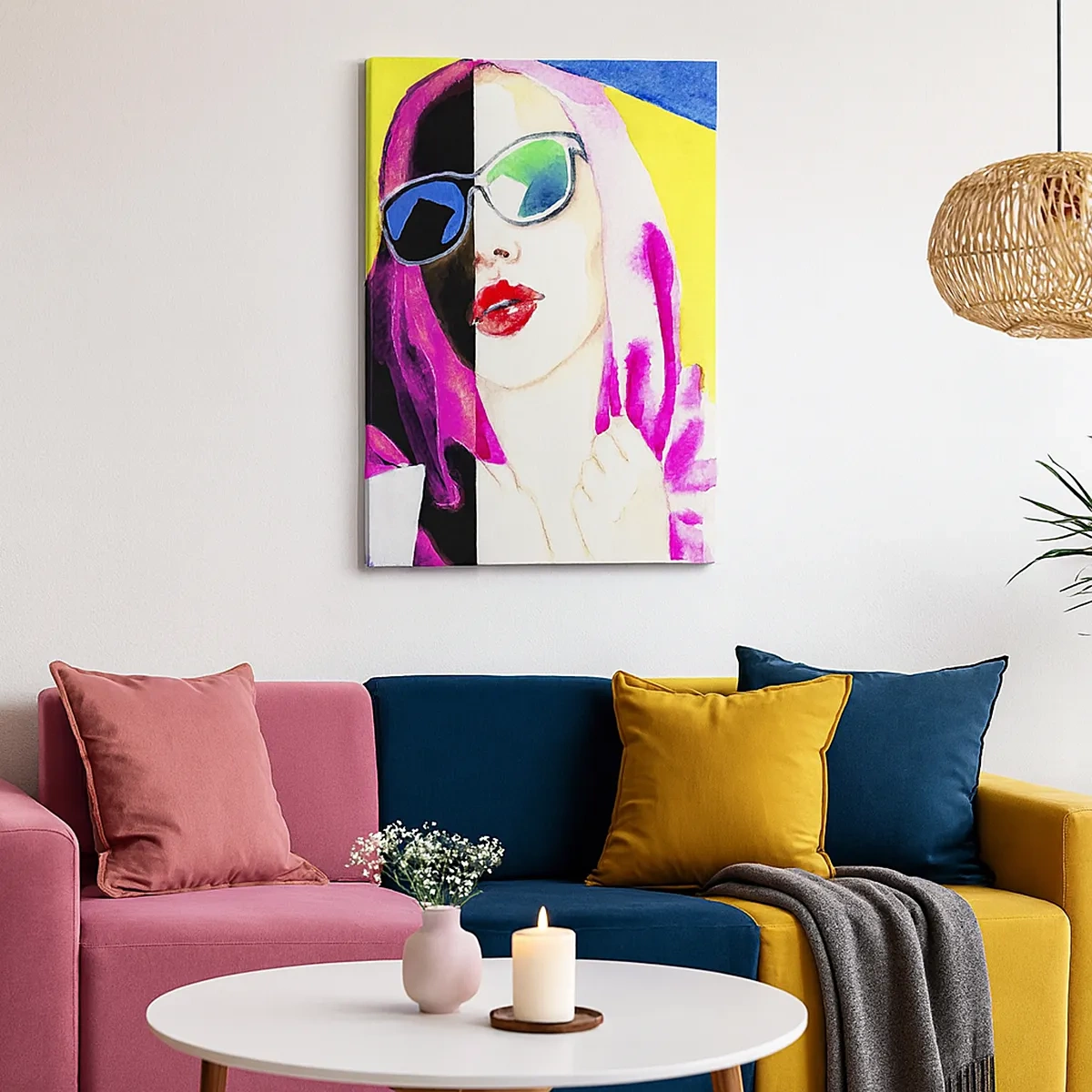 Obraz na płótnie - Kolorowy portret kobiety w okularach przeciwsłonecznych, styl pop-art - 50x70cm - Nie jestem biała i nie jestem czarna - Nowoczesna dekoracja ścienna do salonu, kuchni i sypialni ARTTOR