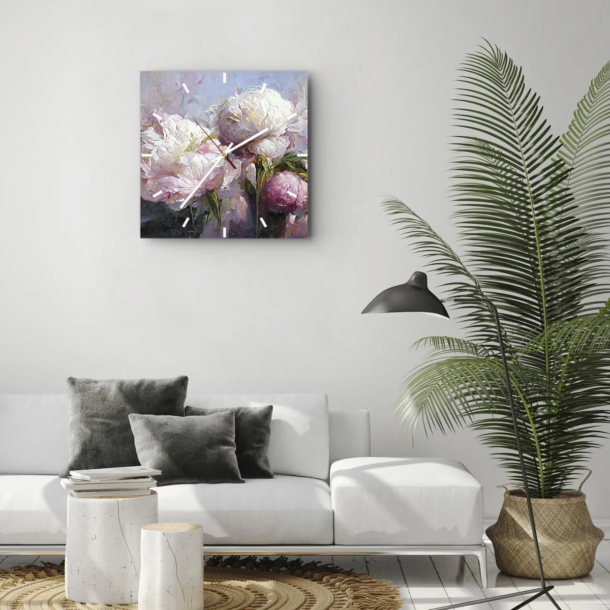 Zegar ścienny - Romantyczne kwiaty piwonii w pastelowych barwach - 30x30cm - Kipiący życiem bukiet - Nowoczesna dekoracja ścienna do salonu i sypialni ARTTOR