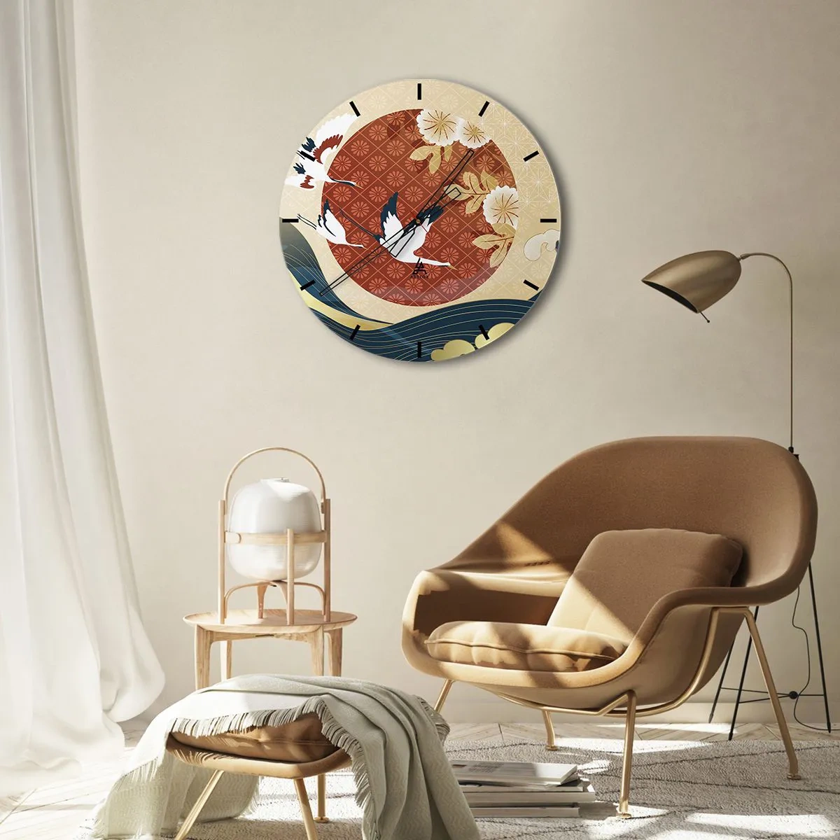 Zegar ścienny - Japońskie żurawie na tle czerwonego koła i stylizowanych fal - 30x30cm - Japońska baśń - Nowoczesna dekoracja ścienna do salonu, kuchni i sypialni ARTTOR