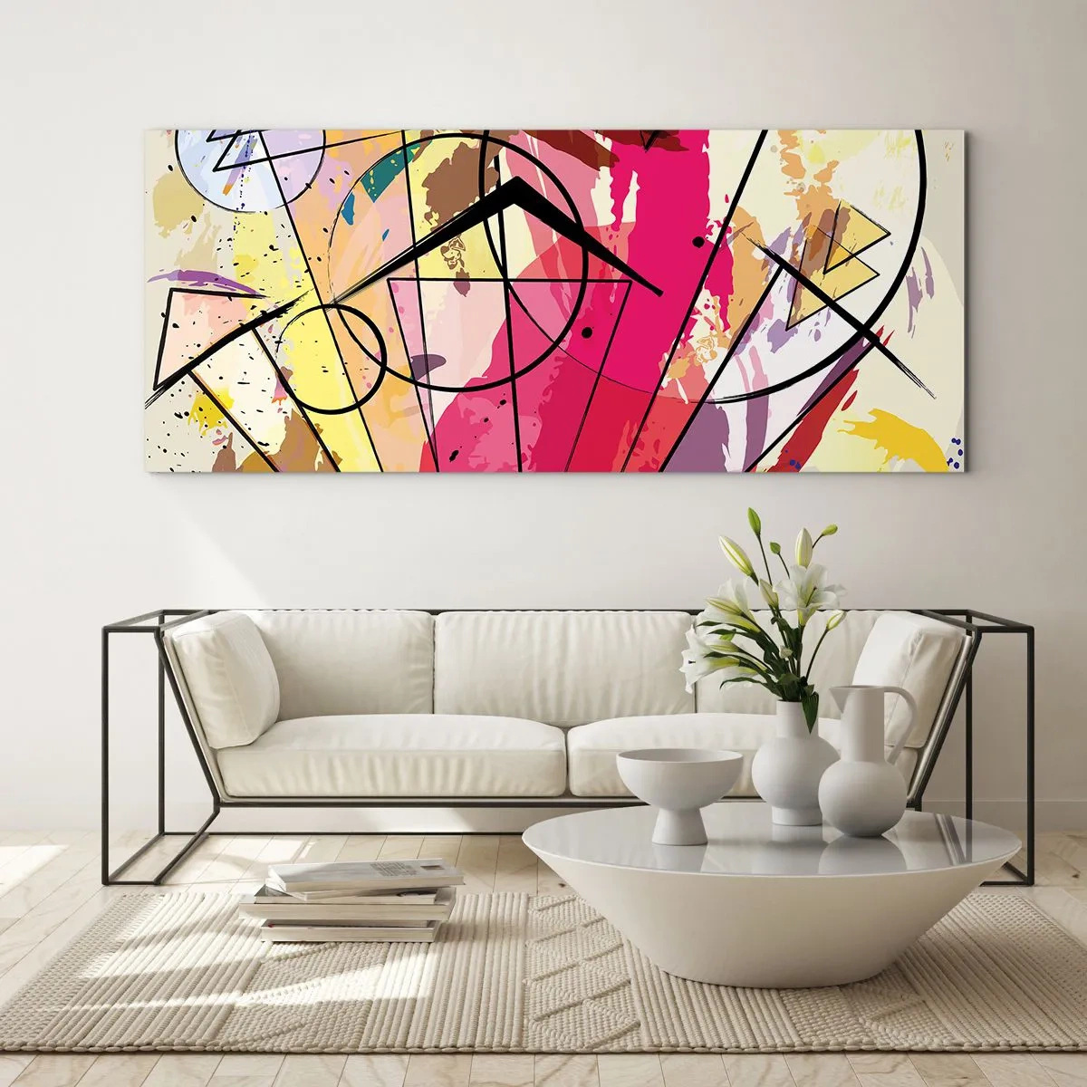 Obraz na szkle - Abstrakcja z liniami i geometrycznymi kształtami - 140x50cm - Eksplozja - Nowoczesna dekoracja ścienna do salonu i sypialni ARTTOR