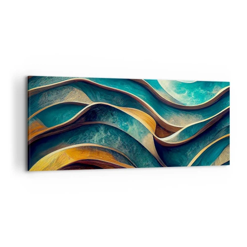 Obraz na płótnie - Abstrakcyjne fale w odcieniach turkusu i złota - 120x50cm - Meandry błękitu - Nowoczesna dekoracja ścienna do salonu i sypialni ARTTOR