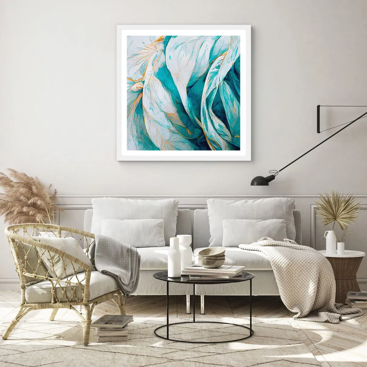 Plakat w białej ramie - Błękitna abstrakcja z motywem złota - 30x30 cm