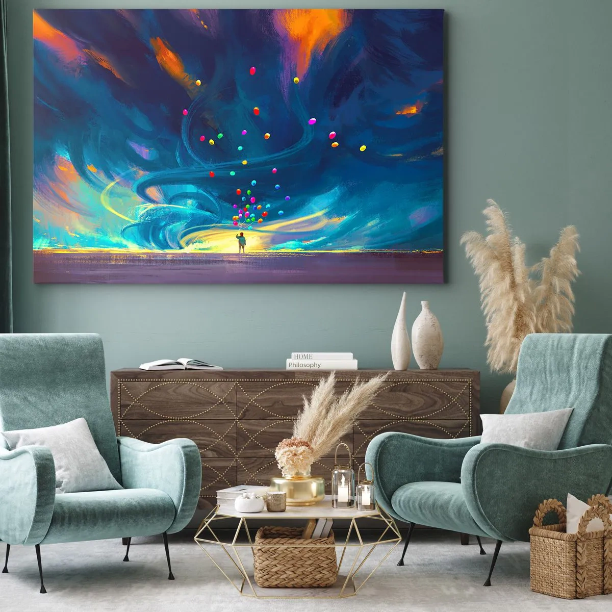 Obraz na płótnie - Postać z balonami na tle wirujących, kolorowych chmur - 70x50cm - Na niebieski wiatr - Nowoczesna dekoracja ścienna do salonu i sypialni ARTTOR