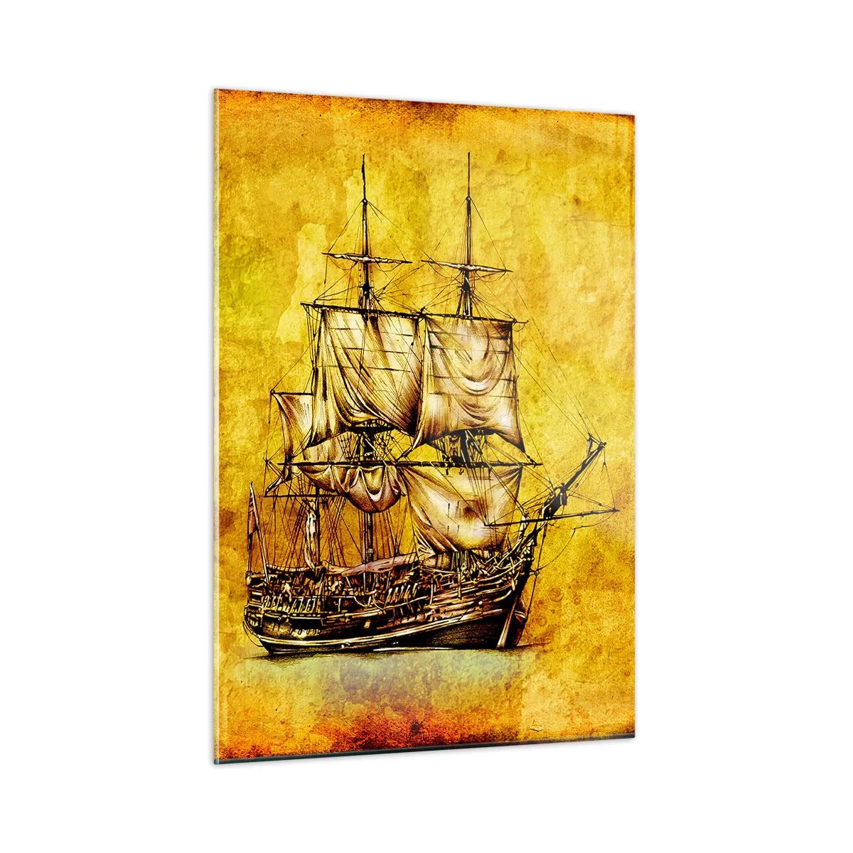 Obraz na szkle - Zabytkowy żaglowiec na tle stylizowanego pergaminu - 50x70cm - Kierunek Tortuga! - Nowoczesna dekoracja ścienna do salonu, kuchni i sypialni ARTTOR