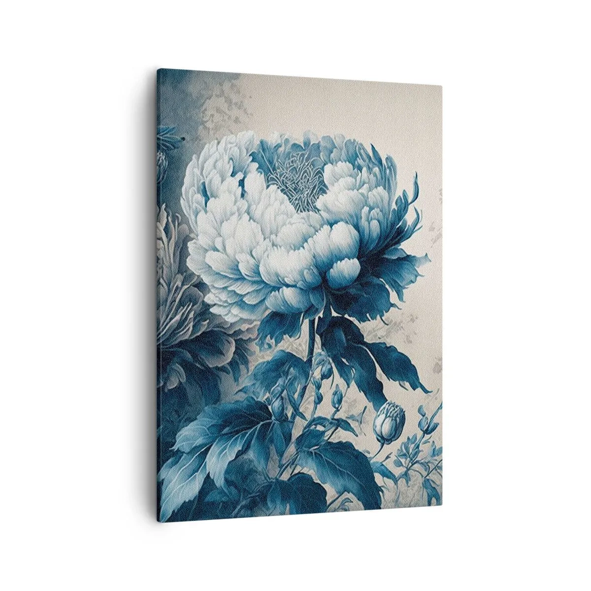 Obraz na płótnie - Delikatna piwonia w odcieniach niebieskiego na beżowym tle - 50x70cm - Dobrana para - Nowoczesna dekoracja ścienna do salonu, kuchni i sypialni ARTTOR